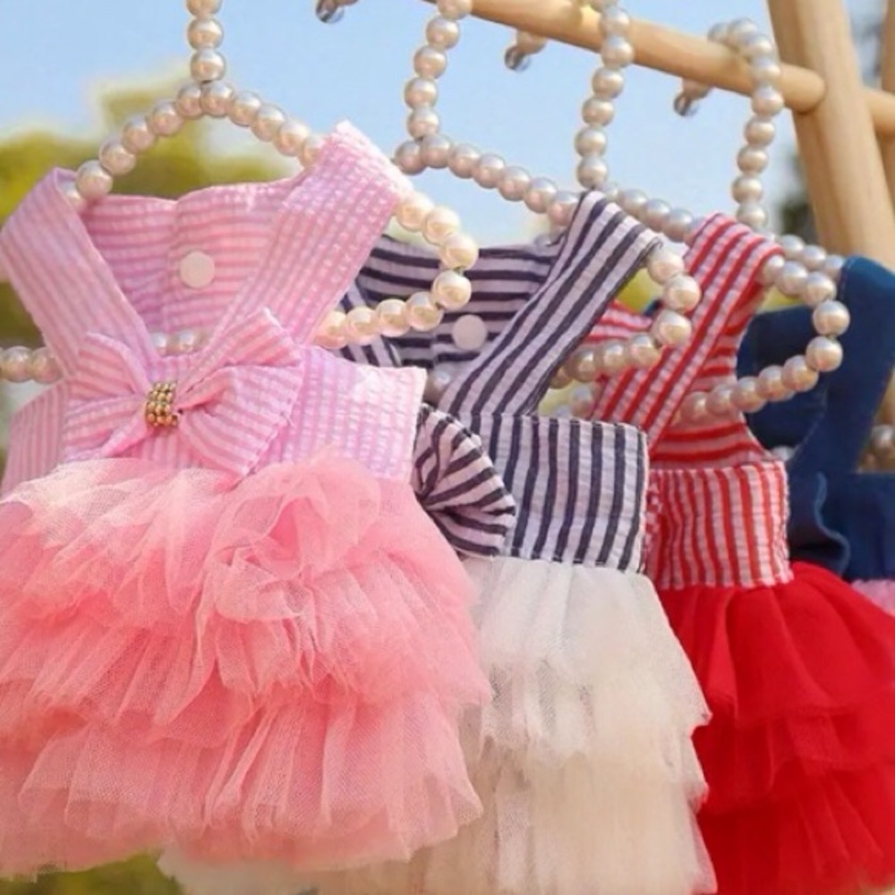 Adorable Pink and White Striped Seersucker and Tulle Small Pet Dress - Picture 3 of 4
